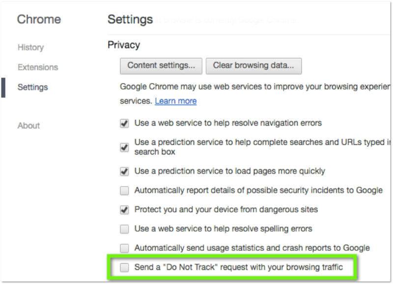 Chrome Browser Do Not Track (DNT) settings screenshot