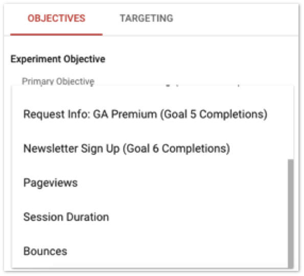 analytics 360 goals in optimize 360 screenshot